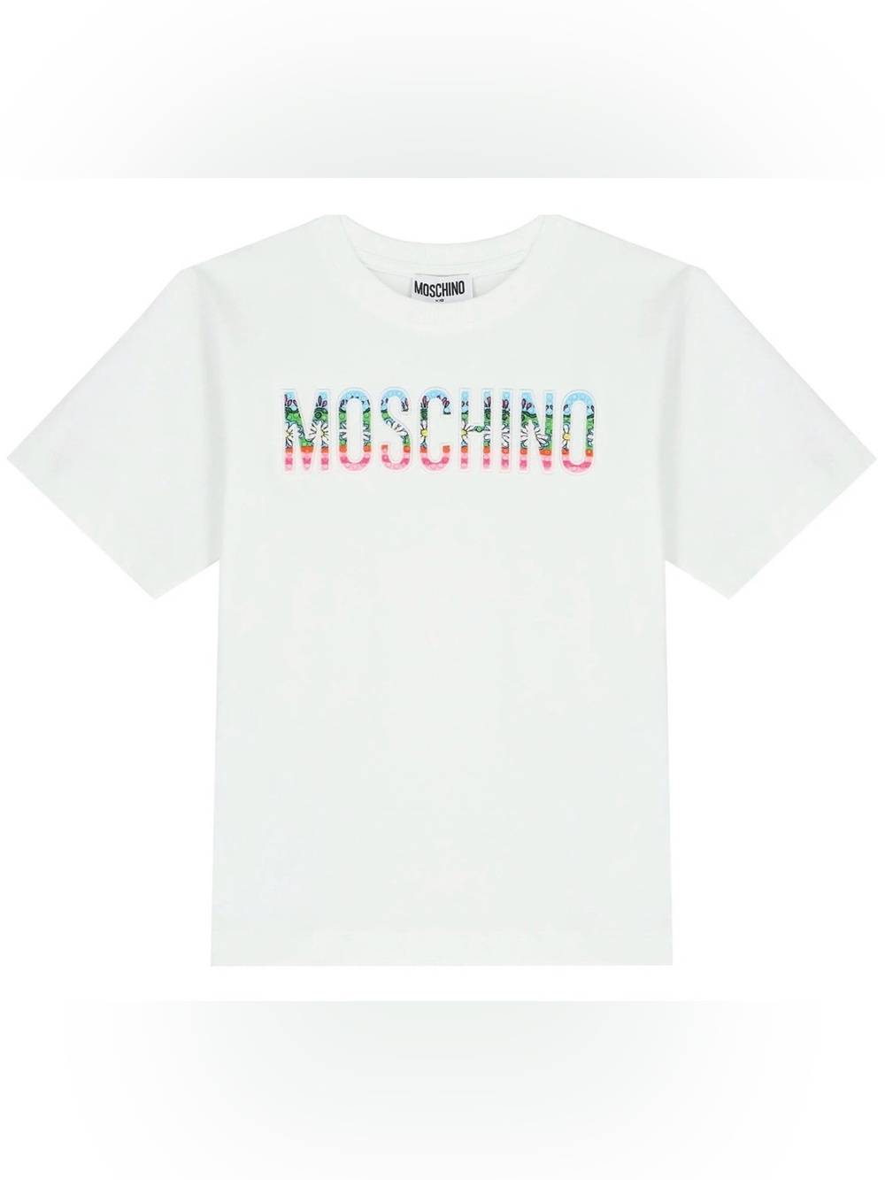 Moschino Kids White Tee with Multicolor Floral Logo with Beads